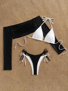 Conjunto de 3 piezas de traje de baño negro y blanco para mujer, conjunto de traje de baño casual y sexy de 3 piezas para resort de playa, conjunto de traje de baño de 3 piezas para mujer, Bottom de traje de baño para mujer, conjunto de playa negro y blanco para mujer - Blanco y Negro 2 - Ver 6
