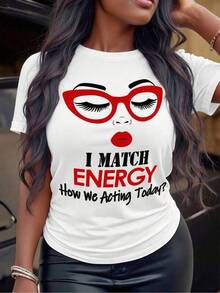 Camiseta versátil para mujer1pc Women's Clothing Red Glasses Lips Print White TShirt, Shirts, White Top, Graphic Tees Women, Unisex Casual Crew Neck Tshirt, Lightweight 220gsm Knit Fabric, Machine Washable, For Spring/Summer/Fall Christmas Valentine's Day Thanksgiving,playeras de mujer,blusas casuales para dama,Camiseta gráfica de estilo retro-rock,Camiseta gráfica divertida,blusas para mujer,camisas para hombre,World Cup 2026, Fan Jersey Style - Blanco - Ver 1