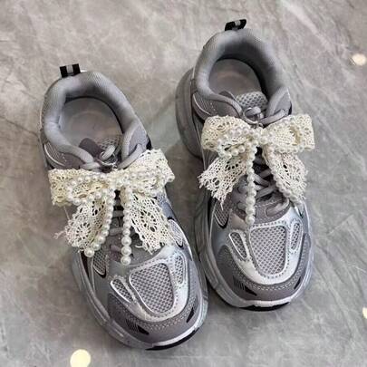 2pcs Faux Pearl Lace Bow Shoe Clips, Detachable Beaded Shoe Charms Decorations For Sneakers