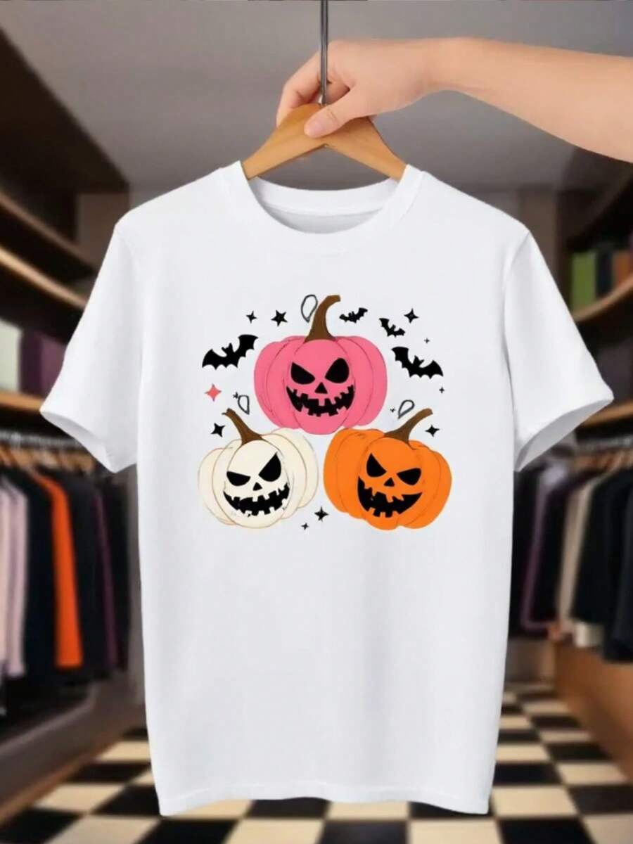 Adorable trío de diseño de calabazas de Halloween. Camiseta de cuello blanco de manga corta de mujer para eerano, hecha de tela transpirable. Fácil de usar y cómodo. un regalo i para Halloween o Navidad