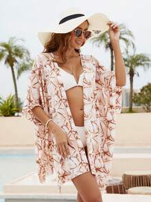 1件装女士时尚优雅抽象印花雪纺开衩罩衫，夏季户外沙滩泳池休闲度假防晒开衩罩衫披肩 - 彩色 - 查看 3