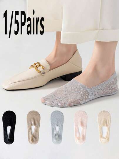 1/5 Đôi tất ngắn nữ thời trang đa năng, tối giản, chất liệu ren jacquard, thoáng khí, thấm hút mồ hôi, khử mùi, chống trơn trượt, mỏng, cổ thấp, thích hợp cho các bữa tiệc, mặc hàng ngày và nhiều dịp khác.