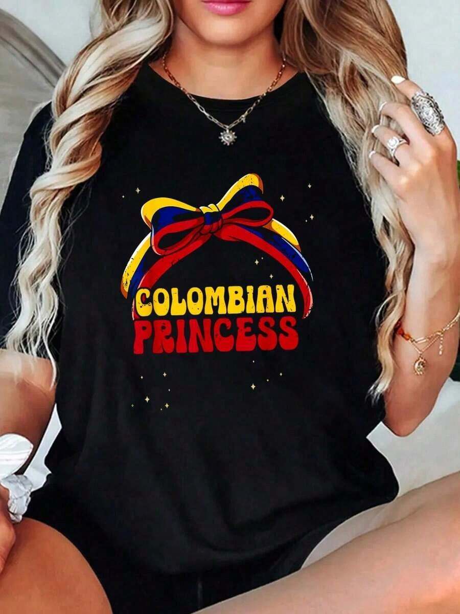 Women's 100% Cotton T-Shirt, Colombian Princess Style, Graphic Tees For Women, Y2K Style, Summer T-Shirts, Summer Clothes, Casual Daily T-Shirts, Casual Summer Short Sleeve T-Shirts - Black - View 1