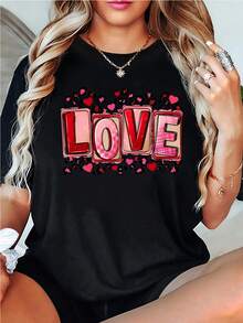 1pc Women's Short Sleeve T-Shirt With Round Neck, Leopard Heart Print, Valentine's Day Lettering, Polyester Fabric, Short Sleeve, Regular Length, Medium Stretch - All Season T-Shirt - 黑色 - 查看 6