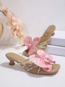 Nuevas sandalias florales 3D de verano, zapatos de tacón alto de punta cuadrada para mujer, zapatos elegantes para vestir para citas, vacaciones, fiestas - Flor rosa Kase - Ver 6