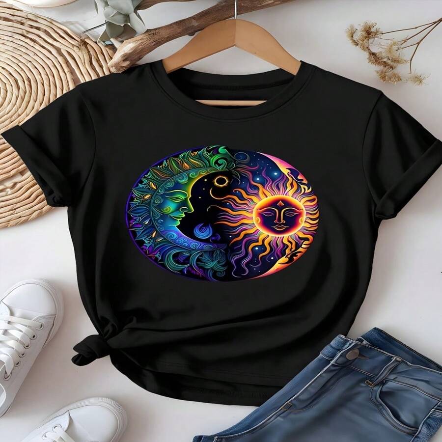 Women's Sexy Casual Elegant Cotton Round Neck Short Sleeve Regular T-Shirt with Sun and Moon Graphic, High Stretch Fabric - Negro - Ver 1