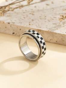 1/2pcs Stainless Steel Black & White Chessboard Rotatable Anti-Stress Rings, Unisex Everyday Versatile Design, Available In Sizes 6-11, Great Gift For Friends, Couples - Gold + Silver - View 23