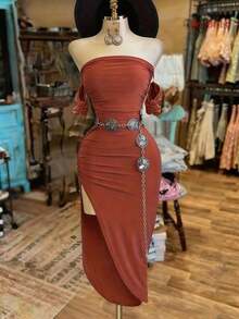 Vestido bandeau de unicolor de moda para mujer - Óxido marrón - Ver 3