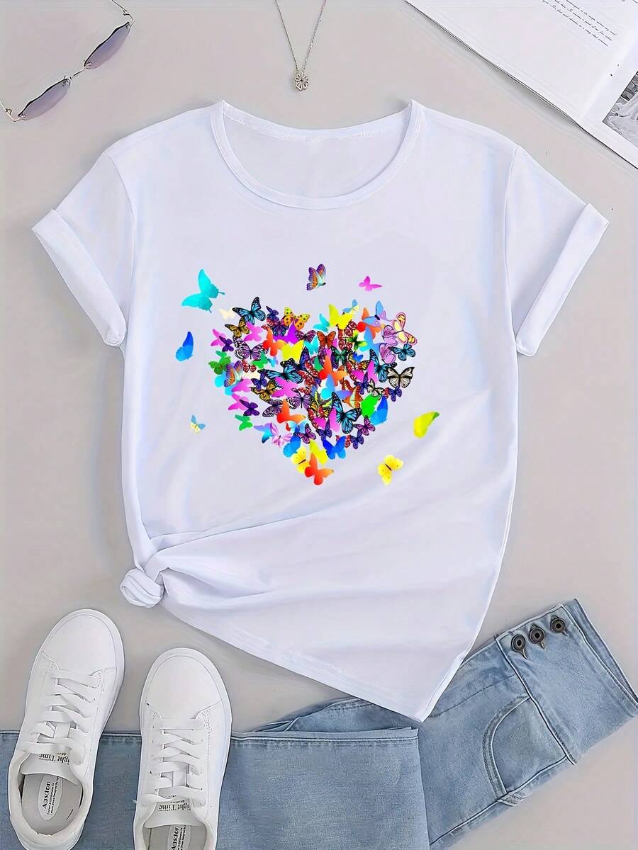 Women's Short-Sleeved Cotton T-Shirt With Butterfly And Heart Print, Casual Sporty Style, Loose Fit, Round Neck, Printed, For Summer Sports And Training, Women's Tops. - 白色 - 查看 1