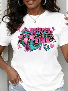 Camiseta de cuello redondo para mujer, diseño de lazo rosa, ancla, estampado de leopardo, flor y mariposa, manga corta, ropa casual para la concientización sobre el cáncer de mama. - Blanco - Ver 1