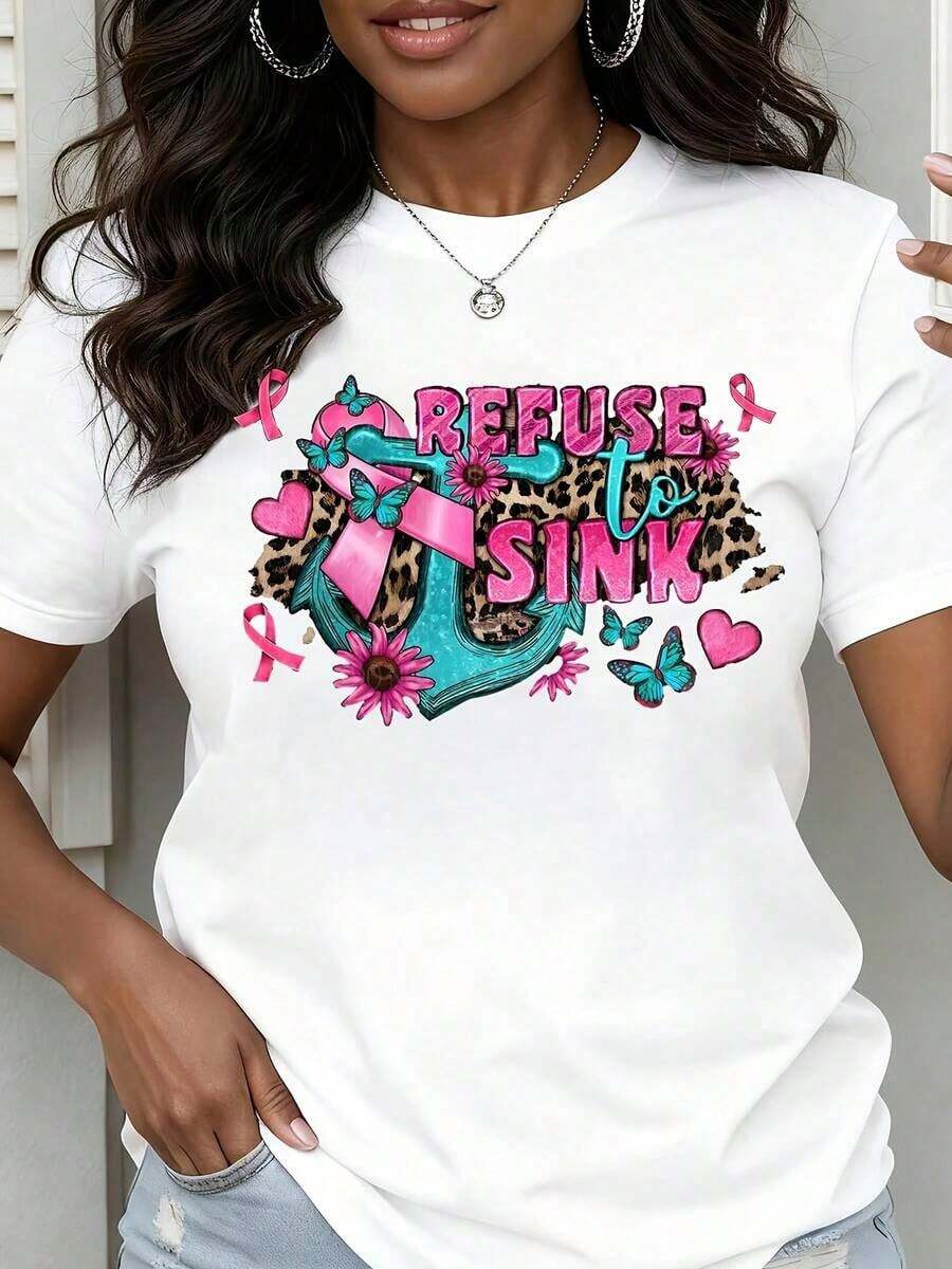 Camiseta de cuello redondo para mujer, diseño de lazo rosa, ancla, estampado de leopardo, flor y mariposa, manga corta, ropa casual para la concientización sobre el cáncer de mama. - Blanco - Ver 1