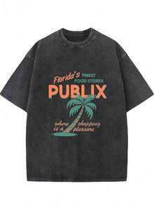 1 pieza Camiseta de manga corta de cuello redondo oversize unisex desgastada y lavada, 100% algodón pesado de 220g, diseñada por artistas Y2K estilo americano vintage, estampado gráfico de nombres de ciudades, ideal para uso diario, conciertos y festivales - Negro - Ver 6