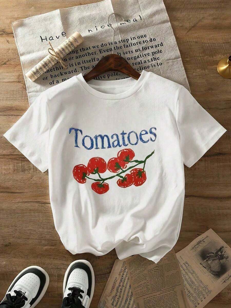 Camiseta Vintage Holgada para Mujer con Estampado de Letras, Estilo Casual Diario de Primavera y Verano, Camiseta con Estampado de Tomates, Camiseta Blanca, Camiseta de Manga Corta Versátil de Corte Regular con Cuello Redondo para Mujer. Camiseta Oversize para Mujer con Estampado 100% Algodón Puro. - Blanco - Ver 1