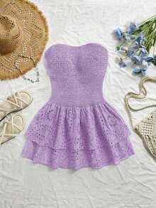 Vestido azul marino con cintura ceñida, plisado, sin tirantes, sexy, calado, con bordado y dobladillo fruncido, estilo vacaciones - Lila Púrpura - Ver 5