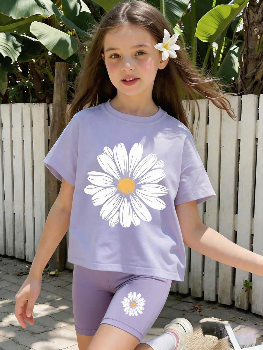 Set de 2 piezas: Camiseta holgada de estampado floral casual y shorts a juego para niñas, conjunto de camiseta oversize transpirable para primavera/verano - Púrpura malva - Ver 1