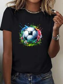 Women's Soft, 100% Cotton Crew Neck T-Shirt With A Printed Design. This Clothing Line Is Designed For The USA, Mexico, And Canada. The Energetic Crew Neck T-Shirt Features A Floral Print With A Soccer Theme And Is Lightweight And Breathable, Perfect For Watching Games. Ideal For Soccer Fans And Cheerleaders. This New Breathable Cotton T-Shirt Is Perfect For Spring/Summer, Goes With Everything, And Stays Cool. - 黑色 - 查看 6