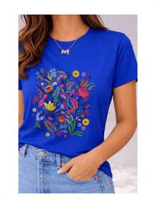 Camiseta suave 100% algodón para mujer, de manga corta, con estampado floral de jardín multicolor, flores silvestres botánicas, follaje exótico, estilo casual, transpirable, combina con todo, genial. - Azul - Ver 2