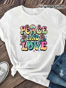 Plus Size Women's T-Shirt, Retro Hippie Style Printed T-Shirt, Versatile Top For Everyday Wear, Casual Short Sleeve Women's Clothing, Suitable For Daily Wear And At Home, Casual Short Sleeve T-Shirt For Women, Short Sleeve T-Shirt. - 白色 - 查看 2