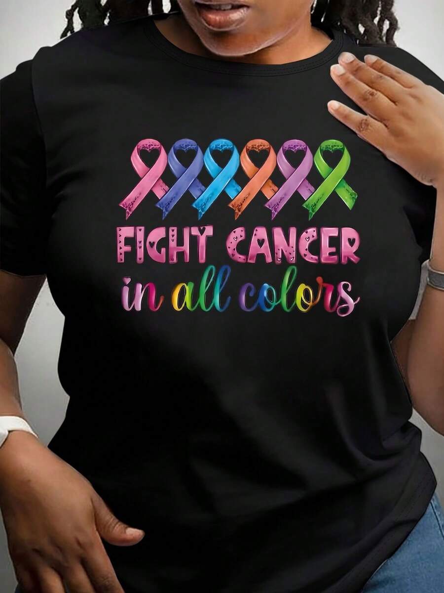Camiseta de talla grande para la prevención del cáncer cervical, informal, con estampado de lucha contra el cáncer, de manga corta y cuello redondo, para primavera y verano, ropa de talla grande para mujer, camiseta cómoda de algodón. - Negro - Ver 1