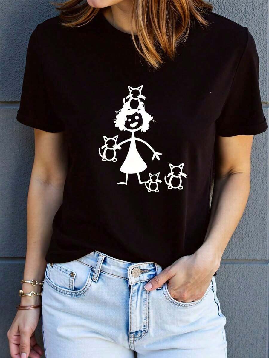 Under The RadarNueva Camiseta Casual de Cuello Redondo para Mujer con Estampado Versátil, Camiseta de Manga Corta para Mujer con Estampado de Anime y Manga Kawaii - Blusa Casual de Cuello Redondo, Lavable a Máquina, Top Cómodo para Todas las Temporadas, Ideal para Convenios y Atuendos Casuales, Estilo Casual y Minimalista, Adecuada para Primavera y Verano. Camiseta unisex de algodón holgada de manga corta y cuello redondo estilo vintage urbano - Negro - Ver 1
