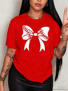 Premium Baseball Tee With Vibrant Red Stitching And Waving White Ribbons Represents Passion And Sport. 100% Cotton, Comfortable And Casual Women's T-Shirt. . - 紅色 - 查看 1