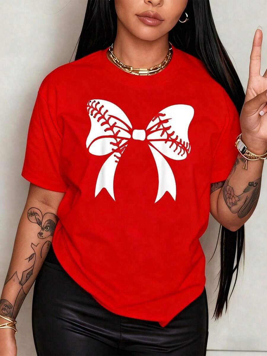 Premium Baseball Tee With Vibrant Red Stitching And Waving White Ribbons Represents Passion And Sport. 100% Cotton, Comfortable And Casual Women's T-Shirt. . - 紅色 - 查看 1