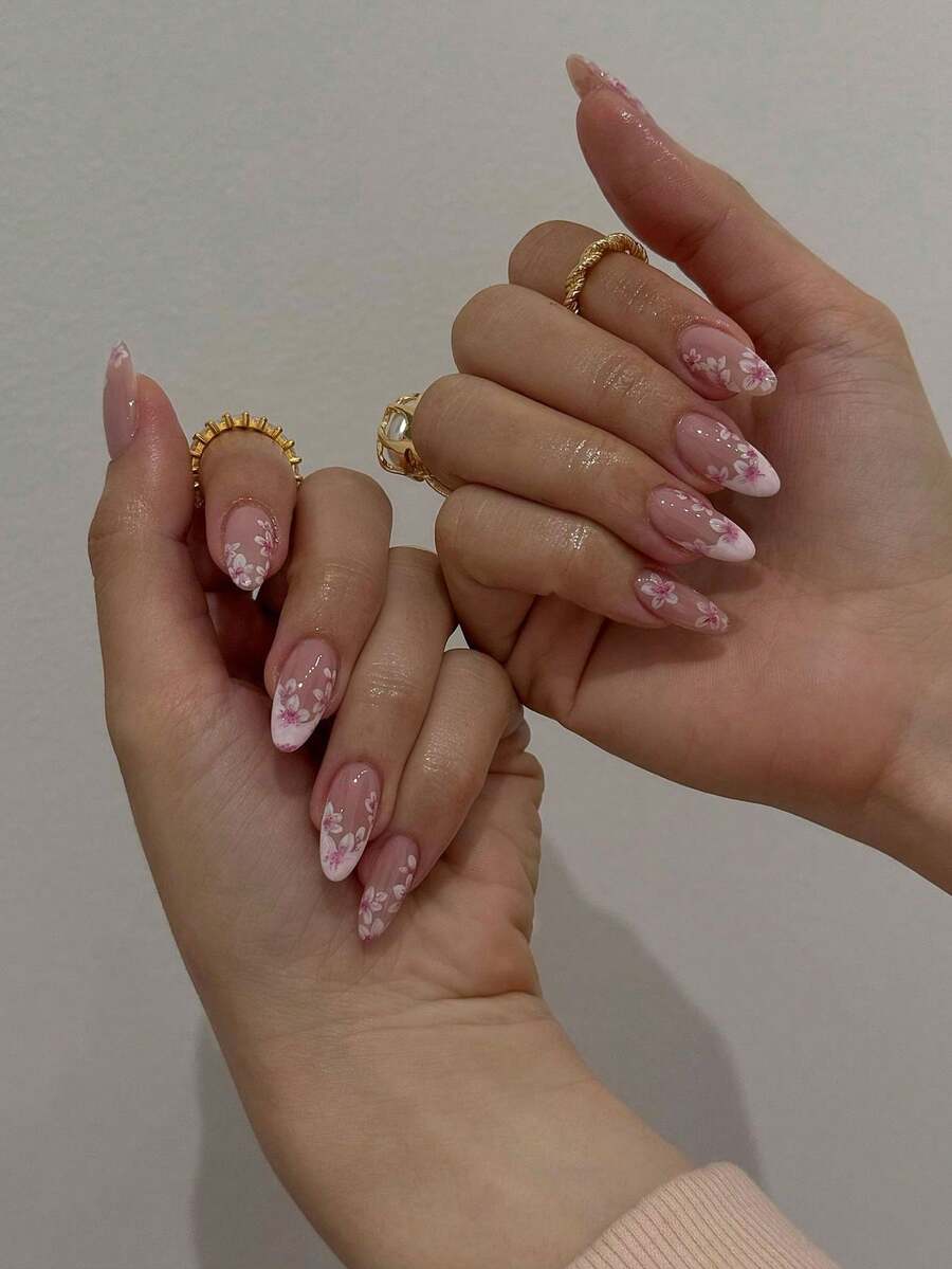 30片杏花形长款假指甲套装,包含1卷双面胶和1把指甲锉,易于佩戴的法式美甲贴纸,适合女性和女孩日常及派对使用 - 彩色 - 查看 1