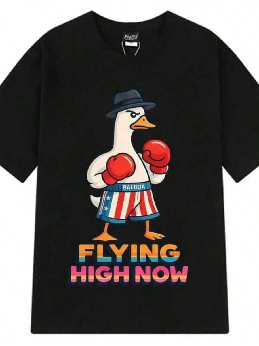 Camiseta gráfica  Funny Boxing Goose Flying High Now, modelo de verano de manga normal, camisetas casuales holgadas, camisetas de moda para mujer, ropa infantil. - Negro - Ver 1