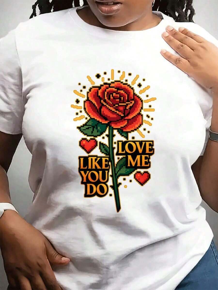 Camiseta Casual de Moda para Mujer con Cuello Redondo para el Día de San Valentín, Manga Corta, Ideal para Deportes Diarios.Estampado especial de rosas para regalar a amigos y familiares - Blanco - Ver 1