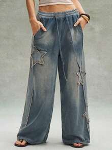 Jeans de pierna ancha de uso diario versátil con cintura con cordón y parche de estrella de cinco puntas para mujer - Azul lavado medio - Ver 8