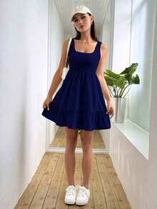 Vestido casual de mujer de unicolor con volantes en el bajo, para verano - Azul marino - Ver 5