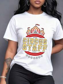 Vibrant Circus Print With Striped Tents And The Text 'CIRCUS STAFF' Symbolizing The Magic Of The Show, Fun, And Team Spirit-Ideal For Adventurous And Festive Women. Women's T-Shirt, 100% Cotton. Vintage Graphic Oversized T-Shirt For Women, Cotton - 白色的 - 查看 7