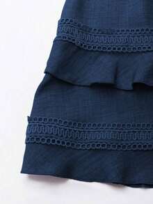 Clasi Vestido mini de manga abullonada con ribete de encaje de unicolor para mujer, para verano - Azul marino - Ver 6