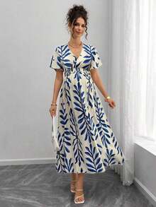 Vestido de maternidad elegante de manga corta con escote en V y estampado de plantas - Albaricoque - Ver 4