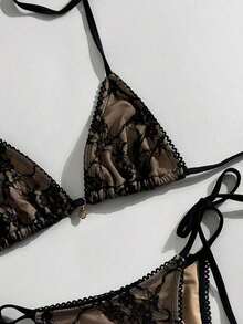 Swim Vcay - Conjunto de Bikini Triangular Sexy con Ribete de Encaje para Mujer, 2 Piezas, Conjunto de Bikini Halter con Tiras Simples para Vacaciones de Verano en la Playa - Negro - Ver 3