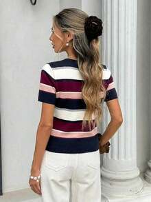 Top de punto a rayas para mujer , estilo casual holgado de manga corta y cuello redondo para verano, estilo preppy, cárdigan de manga corta a rayas marrones y azules, top de verano, estilo universitario americano, adecuado para uso diario, top de verano, para mujer en primavera. - Multicolor - Ver 2
