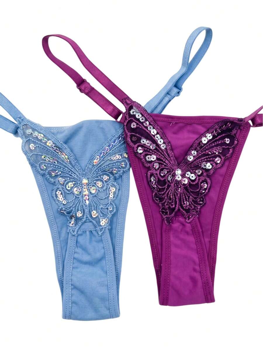 Butterfly Panties Kit 2 Microfiber Thong Lingerie Sexy Sensual Adjustable G-String - Azul bebé y morado - Ver 1