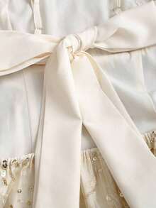 Sweetro Vestido de lentejuelas elegante para niña, diseño de línea A, cintura ceñida, ajuste delgado, estilo romántico francés, acento de lazo, verano - Albaricoque - Ver 3