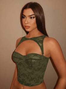 Top de corsé negro removible para festivales de música, atuendos para conciertos - Verde militar - Ver 3