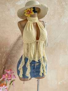 Blusa de mujer con encaje bordado, escote halter, espalda descubierta, tirantes con lazo, bajo fluido y elegante, adecuada para la playa, cruceros y resorts - Amarillo claro - Ver 9