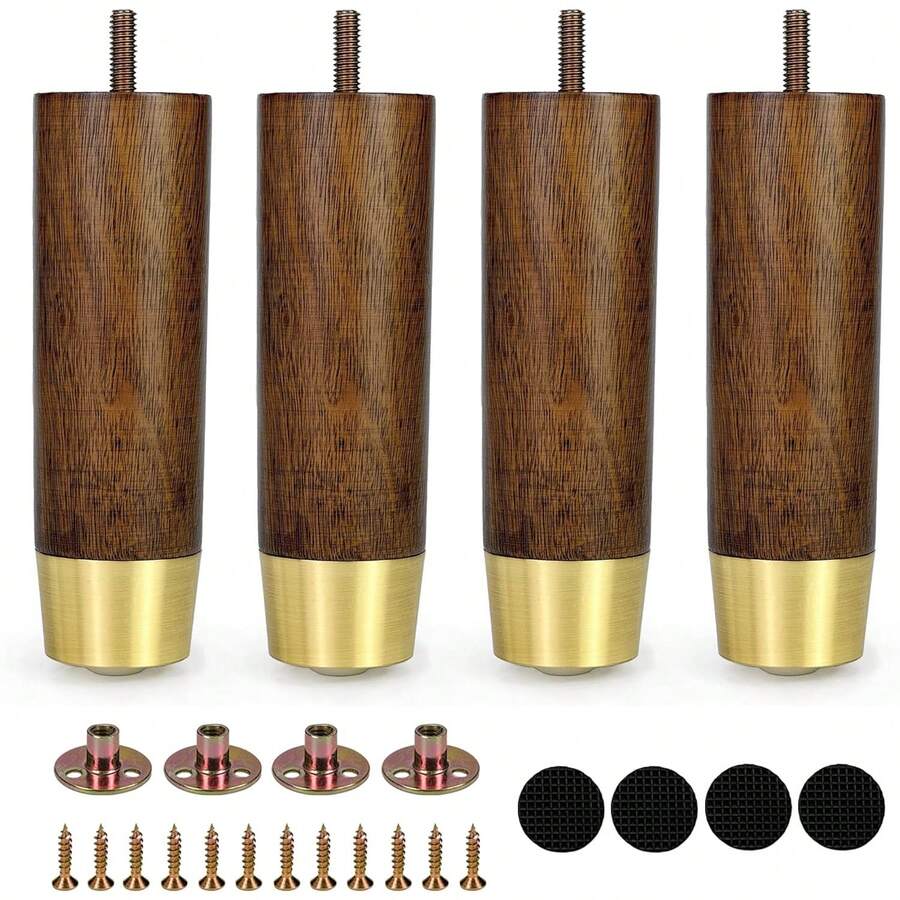 Bộ 4 chân bàn ghế gỗ kích thước 3 inch, 5 inch, 6 inch có nắp mạ vàng, dùng thay thế chân ghế sofa, chân bàn ghế dài, tủ, kệ tivi, chân giường. - màu nâu - Xem 1