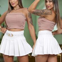 Women's Tailored Pleated Short Skirt With Belt, Schoolgirl Style, Summer, Simple, Party, Sexy Fabric, With Belt, Sizes P To G, Beach, Home, Street, Timeless - 白色 - 查看 2