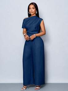 Mono de pierna ancha con hombros descubiertos, cuello asimétrico, pliegues en los hombros y manga corta, de uso casual, elegante y apropiado para salidas diurnas, en color albaricoque, para mujer de uso en las cuatro estaciones - Azul marino - Ver 6