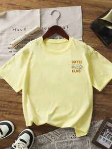 1 Piece Summer Short-Sleeved Crew Neck T-Shirt With Pink Heart And Coffee Cup Print, English Text, Loose And Comfortable Fit, Ideal For Coffee Lovers, Suitable For Summer, Beach, Street, Daily Wear, Work, Office Party, Going Out, Festival, Music Festival, Valentine's Day, Party - 黃色 - 查看 3