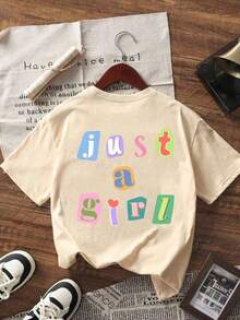 1 Piece Of Graphic Print T-Shirt For Teenage Girls, Soft And Fashionable, Short Sleeve, Casual Style, Minimalist Summer Sweatshirt - Urban Vintage Style, Unisex, Loose Fit, Cotton, Short Sleeve And Round Neck. - 杏色 - 查看 3