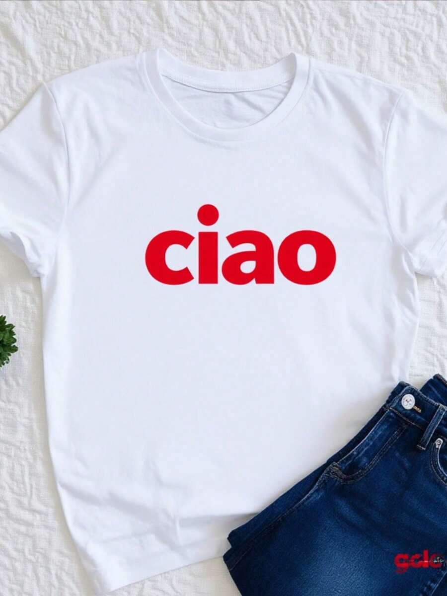 Camiseta de impresión italiana 'Ciao' - Top de cuello de manga corta blanca sobredimension con letras rojas de bandera italiana, ropa de verano y todo el año, tres con tema italiano (lavable en máquina)