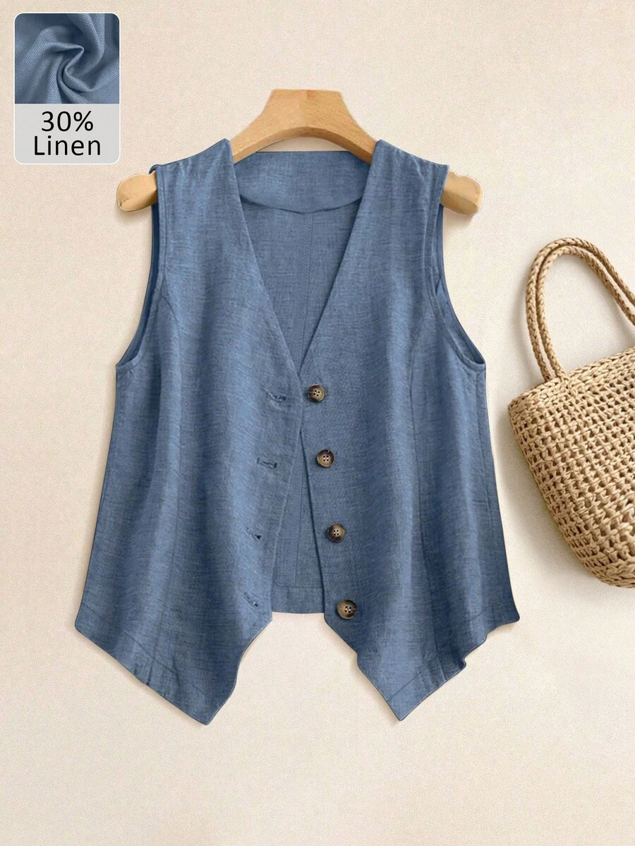 Plus Size Women's Spring/Summer Casual Linen Blazer Vest - Dusty Blue - View 1