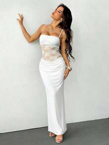 Vestido transparente de encaje con tirantes para mujer  PETITE, ropa sexy para fiestas, citas y festivales, adecuado para otoño e invierno, se puede usar como capa interior. - Blanco - Ver 6