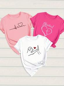 Women's Casual One-Piece Summer T-Shirt With Heart And Dog Print, Short Sleeve, Round Neck. - White - View 7
