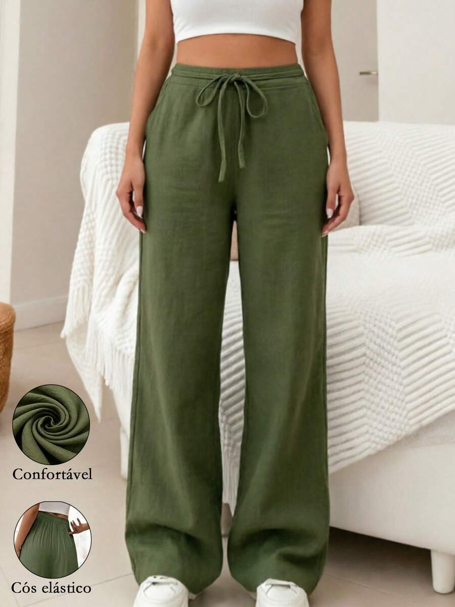 Women's Linen Palazzo Pants, Adjustable Waist With Drawstring, Side Pockets, Casual And Breathable For Vacations - 墨綠色 - 查看 1